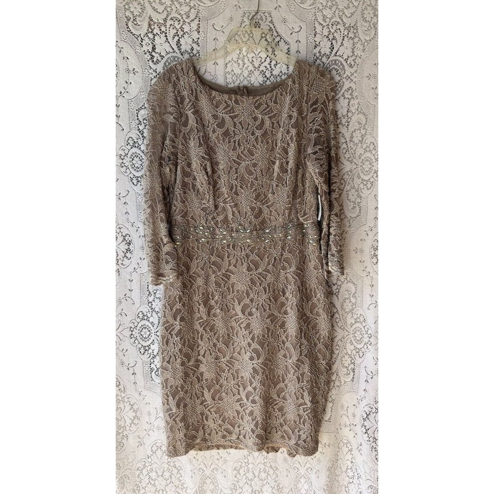 Jackie Jon New York Women Champagne Lace 3/4 Sleeve Beaded‎ Dress Size 14 NWT